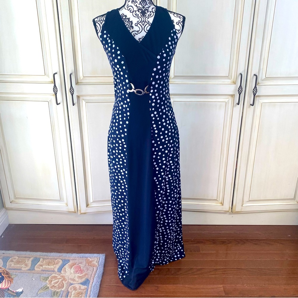 Slinky Brand Size XS Dark Blue Sleeveless Maxi Dress with White Polka Dots